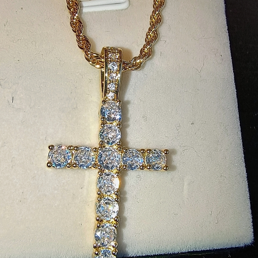 Cubic Zirconia Cross Pendant Necklace Gold Plate Stainless Steel - Picture 8 of 8
